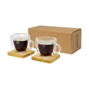 szklany kubek o pojemności 100 ml z bambusową podkładką