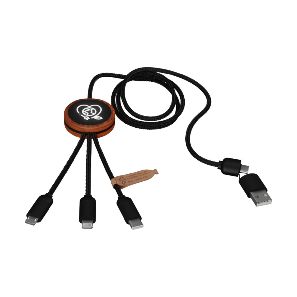 SCX.design C37 kabel do ładowania z podświetlanym logo 5-w-1 rPET i z okrągłą drewnianą obudową