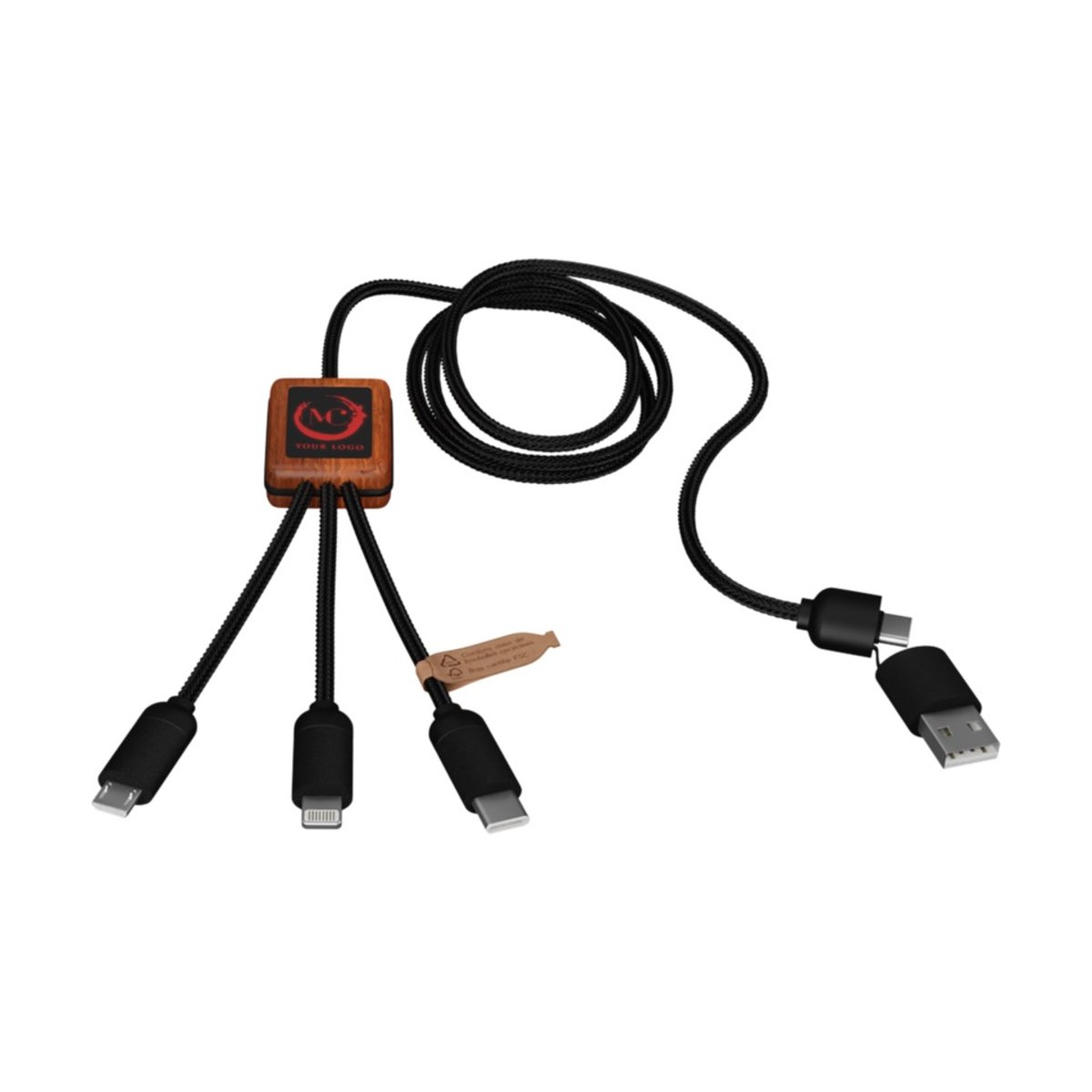 SCX.design C38 kabel do ładowania z podświetlanym logo 5-w-1 rPET i z kwadratową drewnianą obudową