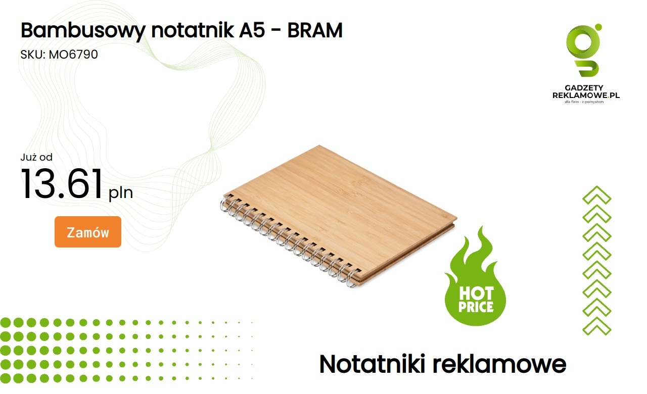 Bambusowy notatnik A5 - BRAM Ekologiczny notatnik A5 z okładką z bambusa z napisem BRAM