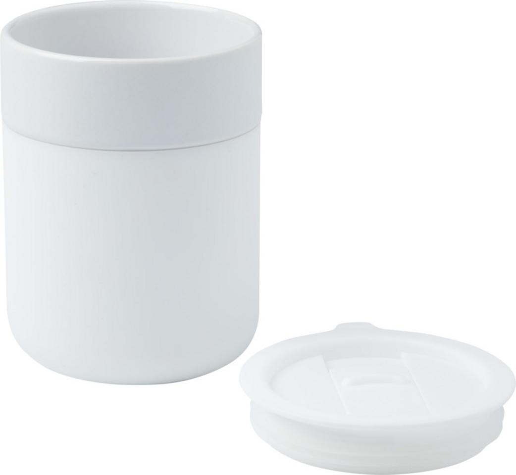 Kubki z logo – java kubek ceramiczny z silikonową osłoną i plastikową pokrywką 330 ml 10080801_e1 Java kubek ceramiczny z silikonową osłoną i plastikową pokrywką 330 ml 10080801_e1
