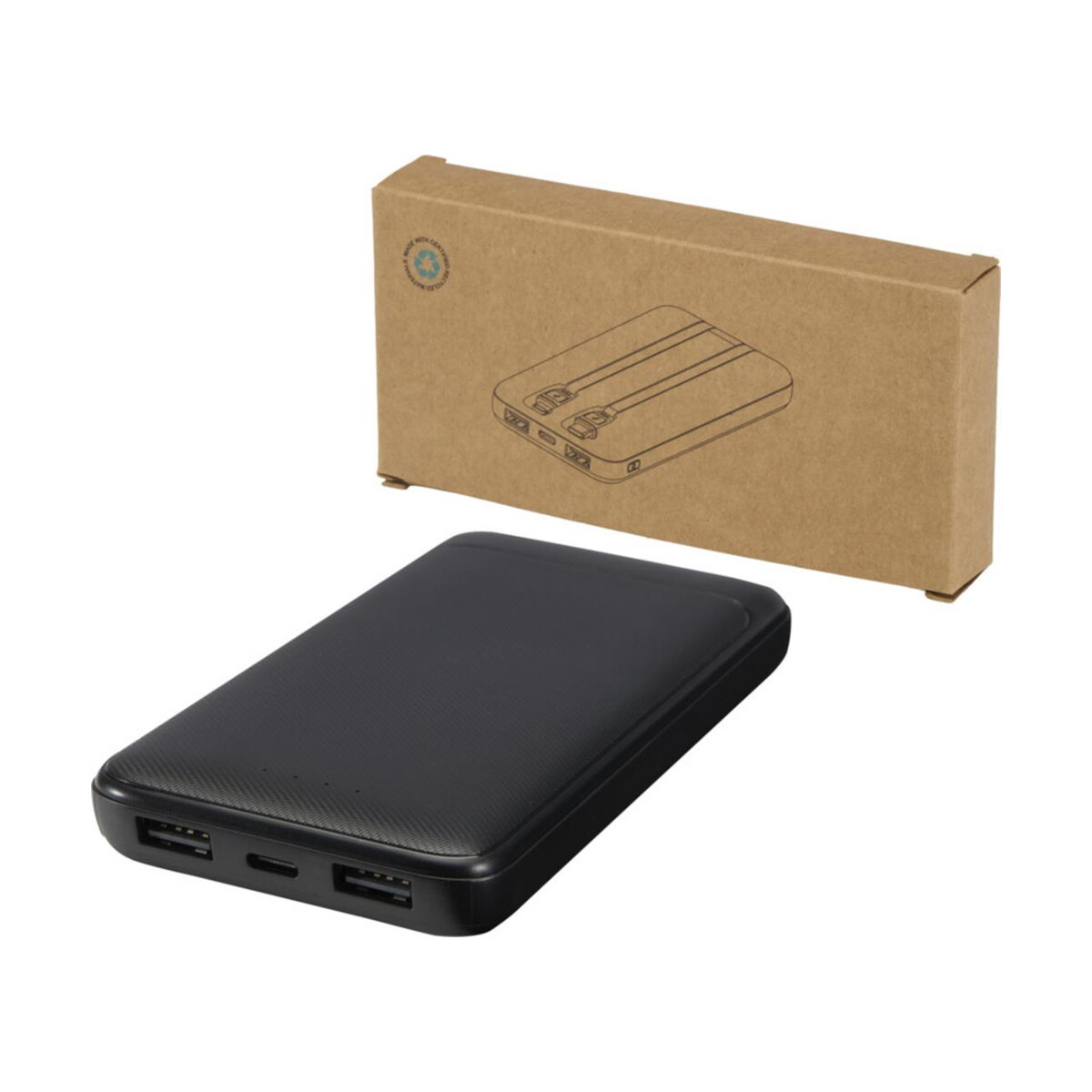 Adhil powerbank o pojemności 10.000 mAh i mocy 10 W z tworzyw sztucznych pochodzących z recyklilngu z 2 wbudowanymi kablami – czarny 12445990 Adhil powerbank o pojemności 10.000 mAh i mocy 10 W z tworzyw sztucznych pochodzących z recyklilngu z 2 wbudowanymi kablami - czarny