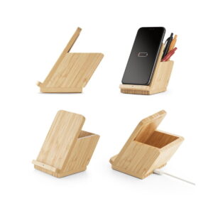 LEAVITT. Uchwyt na smartfona i długopis z szybką bezprzewodową ładowarką 10W z bambusa 97940_set