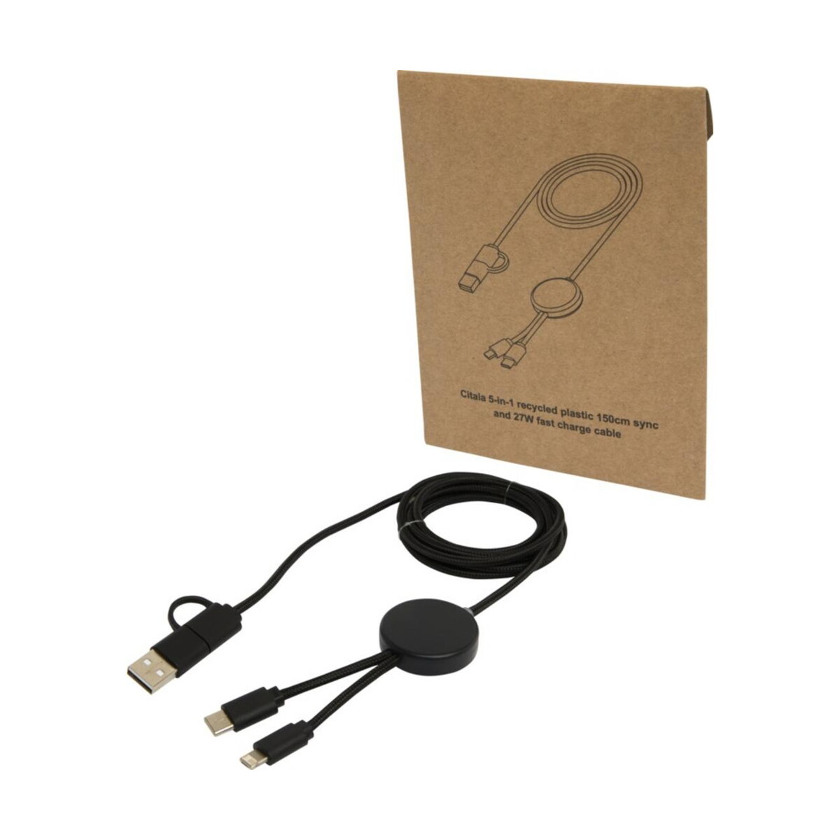 Citala kabel do synchronizacji danych i szybkiego ładowania 5 w 1 27 W o długości 150 cm z tworzyw sztucznych pochodzących z recyklingu – czarny 12442890 Citala kabel do synchronizacji danych i szybkiego ładowania 5 w 1 27 W o długości 150 cm z tworzyw sztucznych pochodzących z recyklingu - czarny