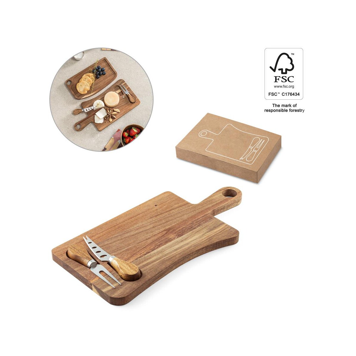Deski do krojenia z logo – cassia. deska do serów z drewna akacjowego z uchwytem, z materiału z certyfikatem fsc™ i innych kontrolowanych materiałów 94293_set CASSIA. Deska do serów z drewna akacjowego z uchwytem, z materiału z certyfikatem FSC™ i innych kontrolowanych materiałów 94293_set