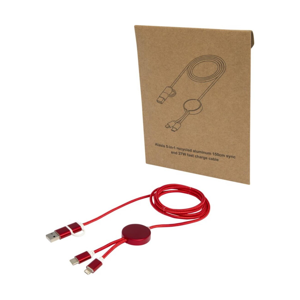 Kable usb z logo – alasia kabel do synchronizacji danych i szybkiego ładowania 5 w 1 27 w o długości 150 cm z tworzyw sztucznych i aluminium pochodzących z recyklingu 12442521 Alasia kabel do synchronizacji danych i szybkiego ładowania 5 w 1 27 W o długości 150 cm z tworzyw sztucznych i aluminium pochodzących z recyklingu 12442521