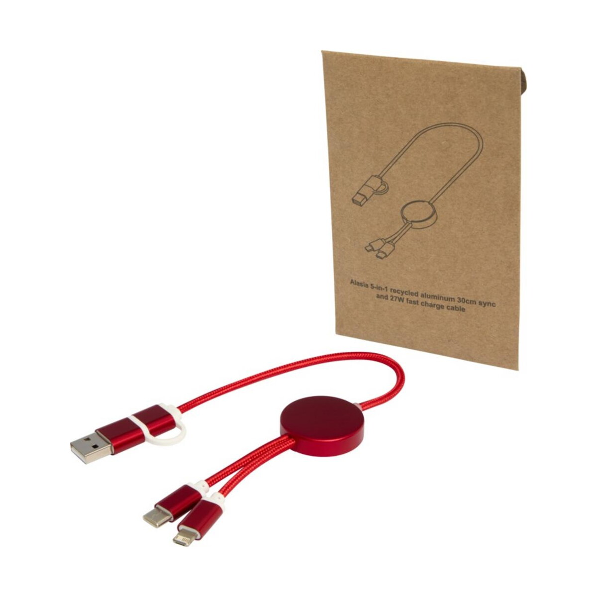 Kable usb z logo – alasia kabel do synchronizacji danych i szybkiego ładowania 5 w 1 27 w o długości 30 cm z tworzyw sztucznych i aluminium pochodzących z recyklingu 12442421 Alasia kabel do synchronizacji danych i szybkiego ładowania 5 w 1 27 W o długości 30 cm z tworzyw sztucznych i aluminium pochodzących z recyklingu 12442421