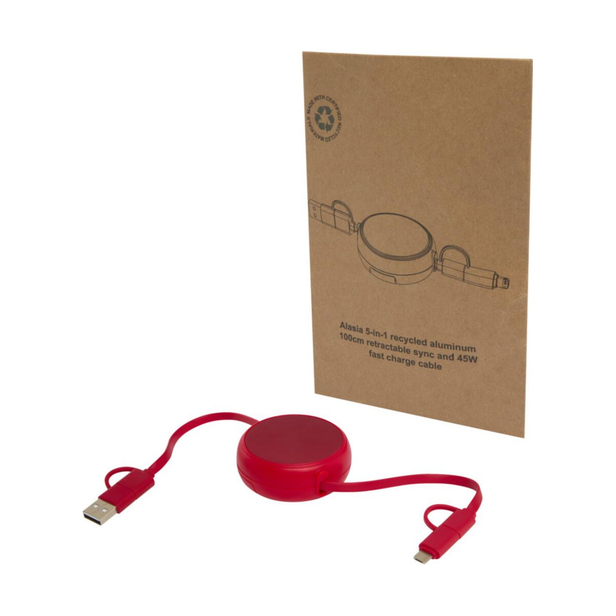 Kable usb z logo – alasia zwijany kabel do synchronizacji danych i szybkiego ładowania 5 w 1 45 w o długości 100 cm z tworzyw sztucznych i aluminium pochodzących z recyklingu 12442021 Alasia zwijany kabel do synchronizacji danych i szybkiego ładowania 5 w 1 45 W o długości 100 cm z tworzyw sztucznych i aluminium pochodzących z recyklingu 12442021