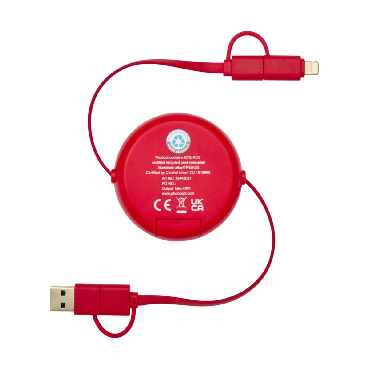 Kable usb z logo – alasia zwijany kabel do synchronizacji danych i szybkiego ładowania 5 w 1 45 w o długości 100 cm z tworzyw sztucznych i aluminium pochodzących z recyklingu 12442021_b1 Alasia zwijany kabel do synchronizacji danych i szybkiego ładowania 5 w 1 45 W o długości 100 cm z tworzyw sztucznych i aluminium pochodzących z recyklingu 12442021_b1