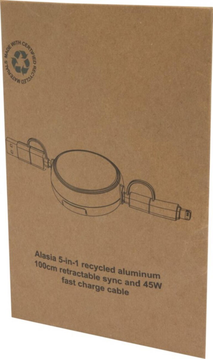 Kable usb z logo – alasia zwijany kabel do synchronizacji danych i szybkiego ładowania 5 w 1 45 w o długości 100 cm z tworzyw sztucznych i aluminium pochodzących z recyklingu 12442021_p1 Alasia zwijany kabel do synchronizacji danych i szybkiego ładowania 5 w 1 45 W o długości 100 cm z tworzyw sztucznych i aluminium pochodzących z recyklingu 12442021_p1