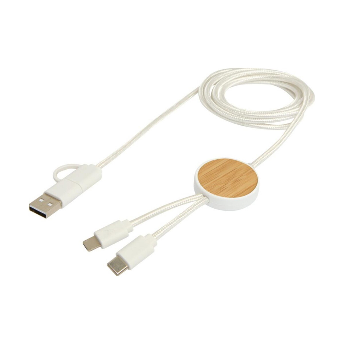 Kable usb z logo – chechia kabel do synchronizacji danych i szybkiego ładowania 5 w 1 27 w o długości 150 cm z tworzyw sztucznych pochodzących z recyklingu z detalami z bambusa 12442201_e1 Chechia kabel do synchronizacji danych i szybkiego ładowania 5 w 1 27 W o długości 150 cm z tworzyw sztucznych pochodzących z recyklingu z detalami z bambusa 12442201_e1
