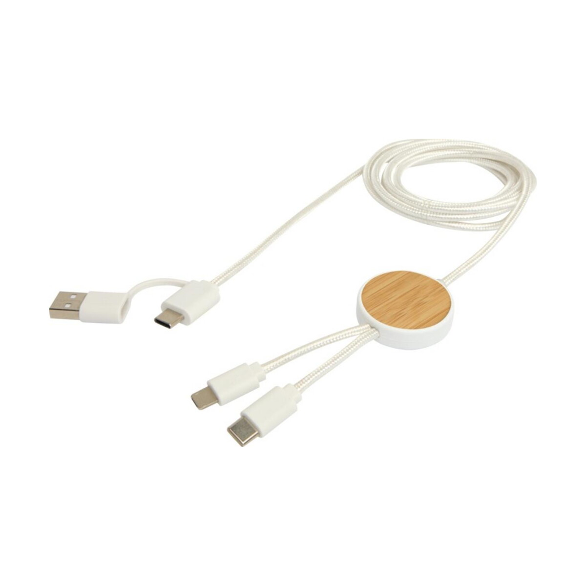 Kable usb z logo – chechia kabel do synchronizacji danych i szybkiego ładowania 5 w 1 27 w o długości 150 cm z tworzyw sztucznych pochodzących z recyklingu z detalami z bambusa 12442201_e2 Chechia kabel do synchronizacji danych i szybkiego ładowania 5 w 1 27 W o długości 150 cm z tworzyw sztucznych pochodzących z recyklingu z detalami z bambusa 12442201_e2
