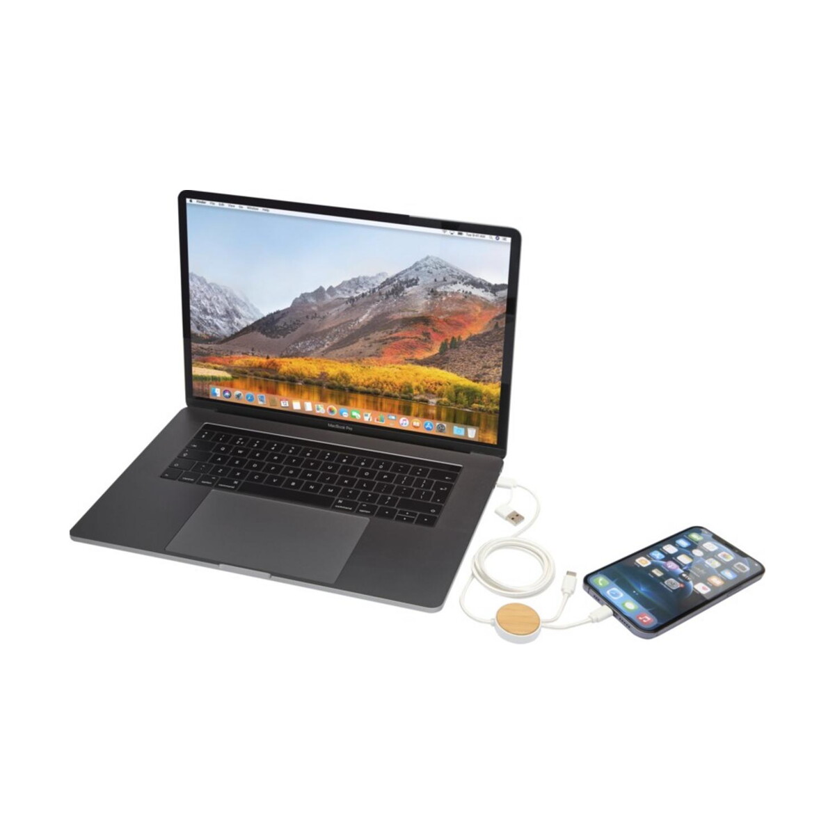 Kable usb z logo – chechia kabel do synchronizacji danych i szybkiego ładowania 5 w 1 27 w o długości 150 cm z tworzyw sztucznych pochodzących z recyklingu z detalami z bambusa 12442201_e3 Chechia kabel do synchronizacji danych i szybkiego ładowania 5 w 1 27 W o długości 150 cm z tworzyw sztucznych pochodzących z recyklingu z detalami z bambusa 12442201_e3