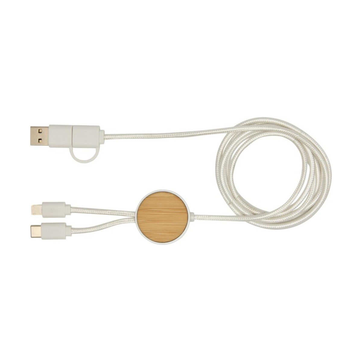 Kable usb z logo – chechia kabel do synchronizacji danych i szybkiego ładowania 5 w 1 27 w o długości 150 cm z tworzyw sztucznych pochodzących z recyklingu z detalami z bambusa 12442201_f1 Chechia kabel do synchronizacji danych i szybkiego ładowania 5 w 1 27 W o długości 150 cm z tworzyw sztucznych pochodzących z recyklingu z detalami z bambusa 12442201_f1