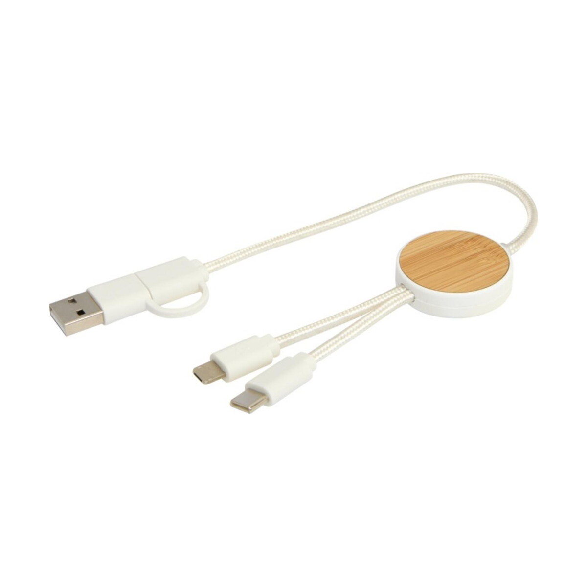 Kable usb z logo – chechia kabel do synchronizacji danych i szybkiego ładowania 5 w 1 27 w o długości 30 cm z tworzyw sztucznych pochodzących z recyklingu z detalami z bambusa 12442101_e1 Chechia kabel do synchronizacji danych i szybkiego ładowania 5 w 1 27 W o długości 30 cm z tworzyw sztucznych pochodzących z recyklingu z detalami z bambusa 12442101_e1