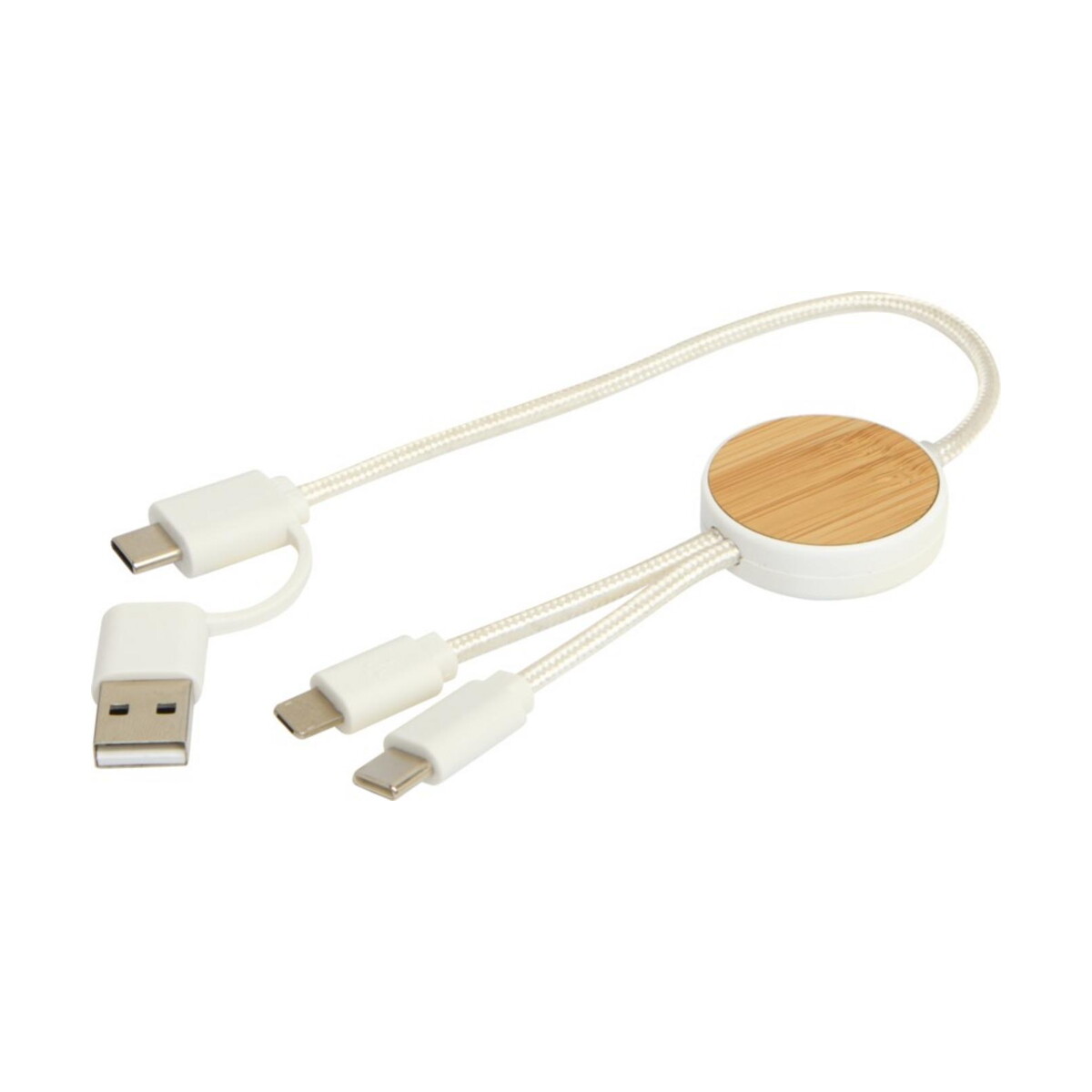 Kable usb z logo – chechia kabel do synchronizacji danych i szybkiego ładowania 5 w 1 27 w o długości 30 cm z tworzyw sztucznych pochodzących z recyklingu z detalami z bambusa 12442101_e2 Chechia kabel do synchronizacji danych i szybkiego ładowania 5 w 1 27 W o długości 30 cm z tworzyw sztucznych pochodzących z recyklingu z detalami z bambusa 12442101_e2