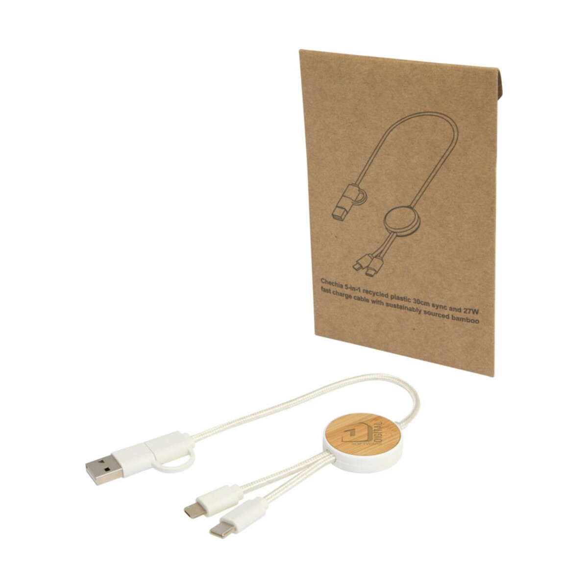 Kable usb z logo – chechia kabel do synchronizacji danych i szybkiego ładowania 5 w 1 27 w o długości 30 cm z tworzyw sztucznych pochodzących z recyklingu z detalami z bambusa 12442101_eg_y1 Chechia kabel do synchronizacji danych i szybkiego ładowania 5 w 1 27 W o długości 30 cm z tworzyw sztucznych pochodzących z recyklingu z detalami z bambusa 12442101_eg_y1