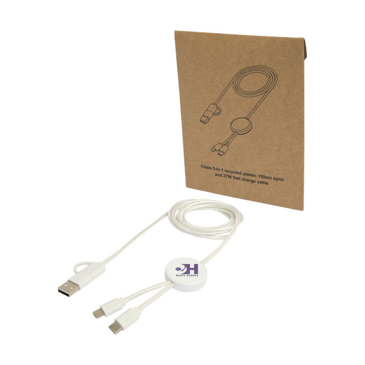 Kable usb z logo – citala kabel do synchronizacji danych i szybkiego ładowania 5 w 1 27 w o długości 150 cm z tworzyw sztucznych pochodzących z recyklingu 12442801_pp_y1 Citala kabel do synchronizacji danych i szybkiego ładowania 5 w 1 27 W o długości 150 cm z tworzyw sztucznych pochodzących z recyklingu 12442801_pp_y1
