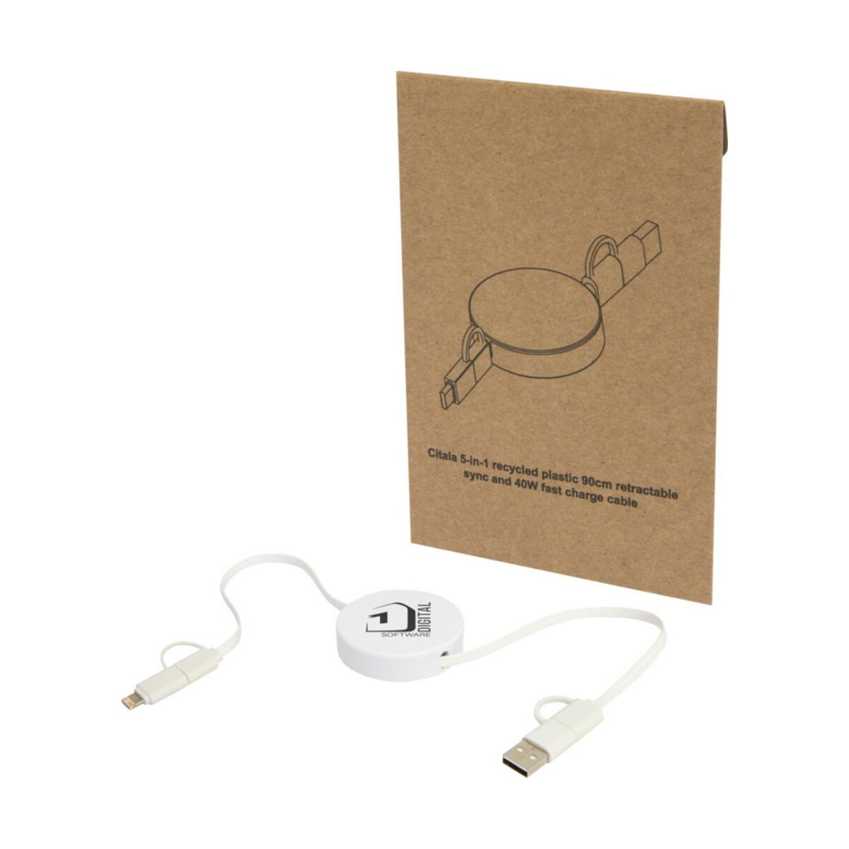 Kable usb z logo – citala zwijany kabel do synchronizacji danych i szybkiego ładowania 5 w 1 40 w o długości 90 cm z tworzyw sztucznych pochodzących z recyklingu 12443001_pp_y1 Citala zwijany kabel do synchronizacji danych i szybkiego ładowania 5 w 1 40 W o długości 90 cm z tworzyw sztucznych pochodzących z recyklingu 12443001_pp_y1