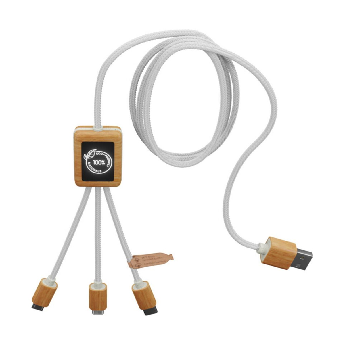 Kable usb z logo – kabel do ładowania scx.design c39 z podświetlanym logo 3-w-1 z plastiku pet z recyklingu i z kwadratową drewnianą obudową 2px10801_e1 Kabel do ładowania SCX.design C39 z podświetlanym logo 3-w-1 z plastiku PET z recyklingu i z kwadratową drewnianą obudową 2px10801_e1