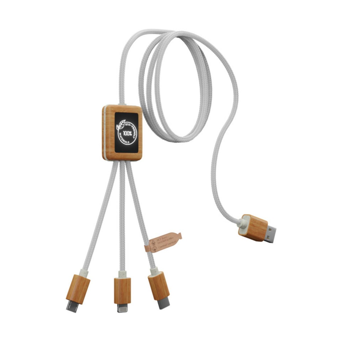 Kable usb z logo – kabel do ładowania scx.design c39 z podświetlanym logo 3-w-1 z plastiku pet z recyklingu i z kwadratową drewnianą obudową 2px10801_e2 Kabel do ładowania SCX.design C39 z podświetlanym logo 3-w-1 z plastiku PET z recyklingu i z kwadratową drewnianą obudową 2px10801_e2
