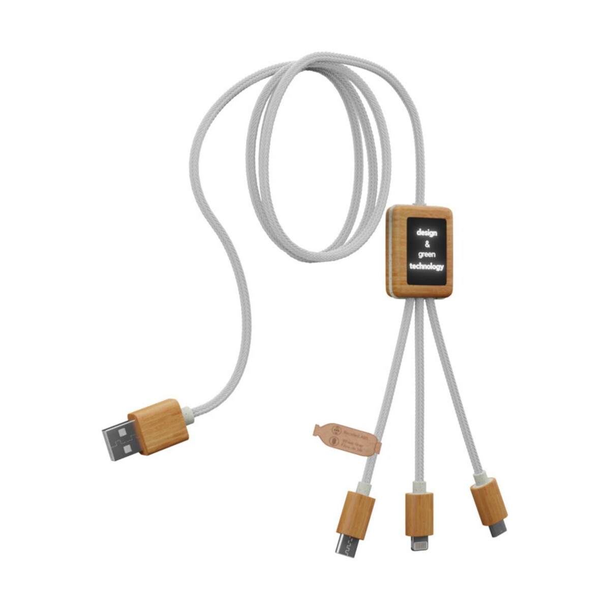 Kable usb z logo – kabel do ładowania scx.design c39 z podświetlanym logo 3-w-1 z plastiku pet z recyklingu i z kwadratową drewnianą obudową 2px10801_e3 Kabel do ładowania SCX.design C39 z podświetlanym logo 3-w-1 z plastiku PET z recyklingu i z kwadratową drewnianą obudową 2px10801_e3
