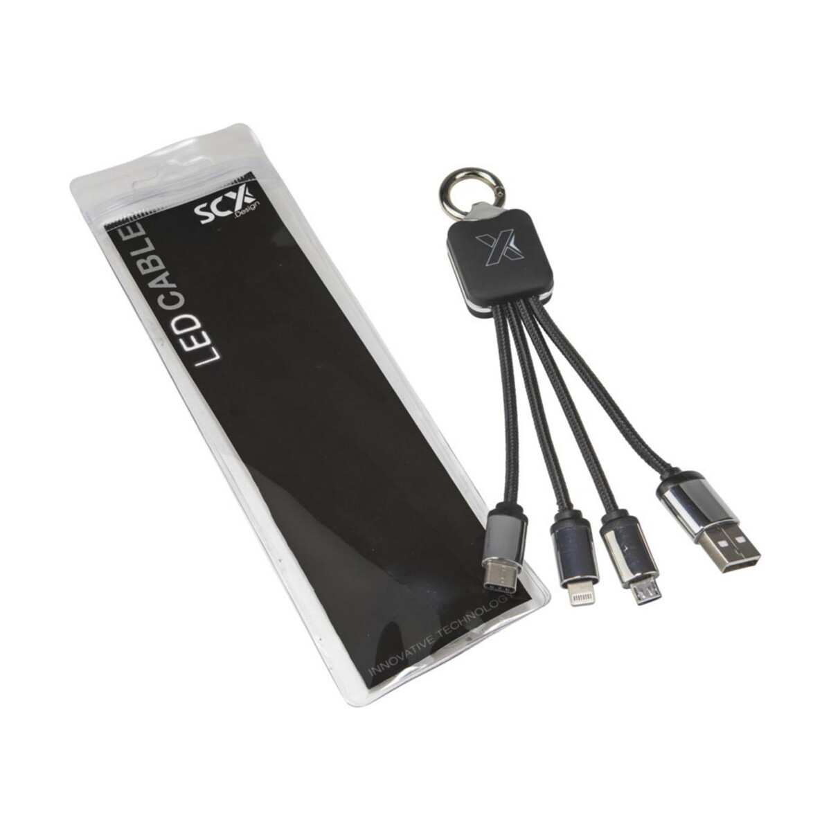 Kable usb z logo – kabel z podświetlonym logo 3w1 z brelokiem – scx.design c15 2px00121_p1 Kabel z podświetlonym logo 3w1 z brelokiem - SCX.design C15 2px00121_p1