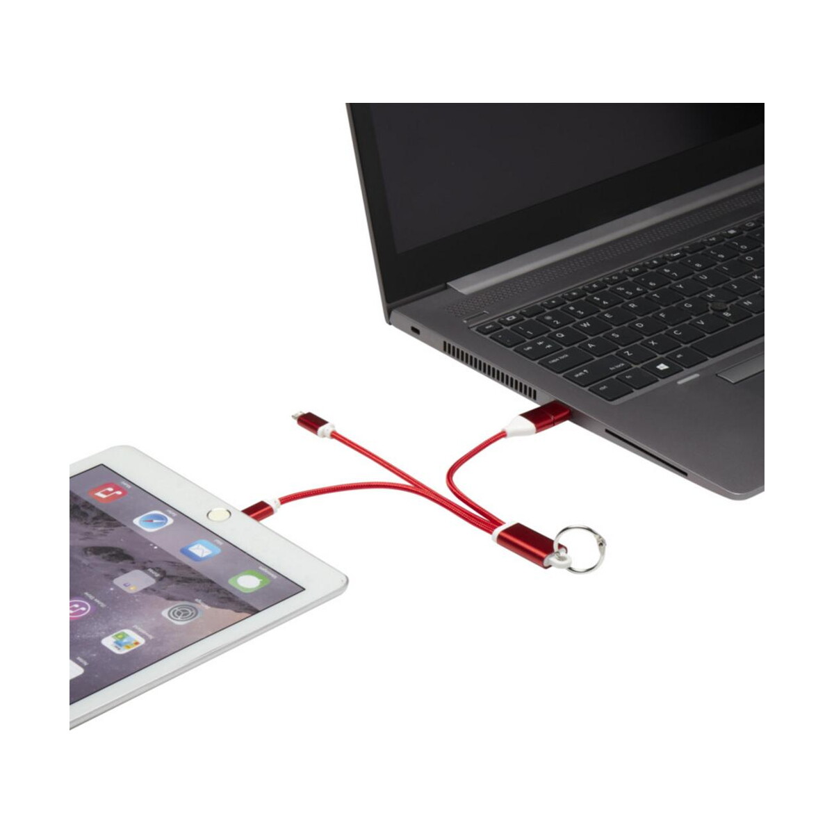 Kable usb z logo – metal kabel do ładowania 4 w 1 z aluminium z recyklingu z łańcuchem do kluczy 12438221_e1 Metal kabel do ładowania 4 w 1 z aluminium z recyklingu z łańcuchem do kluczy 12438221_e1