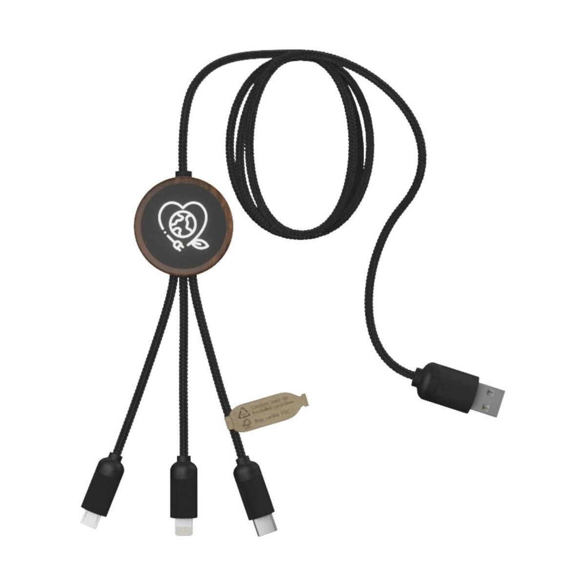 Kable usb z logo – scx.design c36 przedłużany kabel do ładowania z podświetlanym logo 3-w-1 rpet i z okrągłą bambusową obudową 2px08471 SCX.design C36 przedłużany kabel do ładowania z podświetlanym logo 3-w-1 rPET i z okrągłą bambusową obudową 2px08471