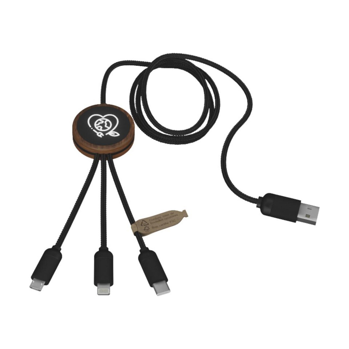 Kable usb z logo – scx.design c36 przedłużany kabel do ładowania z podświetlanym logo 3-w-1 rpet i z okrągłą bambusową obudową 2px08471_e1 SCX.design C36 przedłużany kabel do ładowania z podświetlanym logo 3-w-1 rPET i z okrągłą bambusową obudową 2px08471_e1
