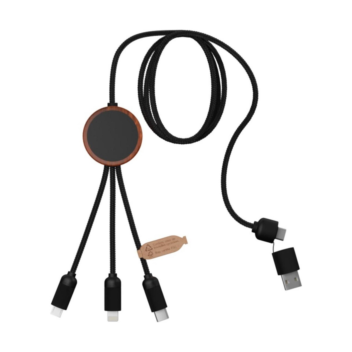 Kable usb z logo – scx.design c37 kabel do ładowania z podświetlanym logo 5-w-1 rpet i z okrągłą drewnianą obudową 40w 2px07171_e1 SCX.design C37 kabel do ładowania z podświetlanym logo 5-w-1 rPET i z okrągłą drewnianą obudową 40W 2px07171_e1