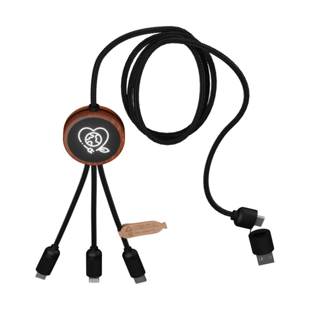 Kable usb z logo – scx.design c37 kabel do ładowania z podświetlanym logo 5-w-1 rpet i z okrągłą drewnianą obudową 40w 2px07171_e2 SCX.design C37 kabel do ładowania z podświetlanym logo 5-w-1 rPET i z okrągłą drewnianą obudową 40W 2px07171_e2