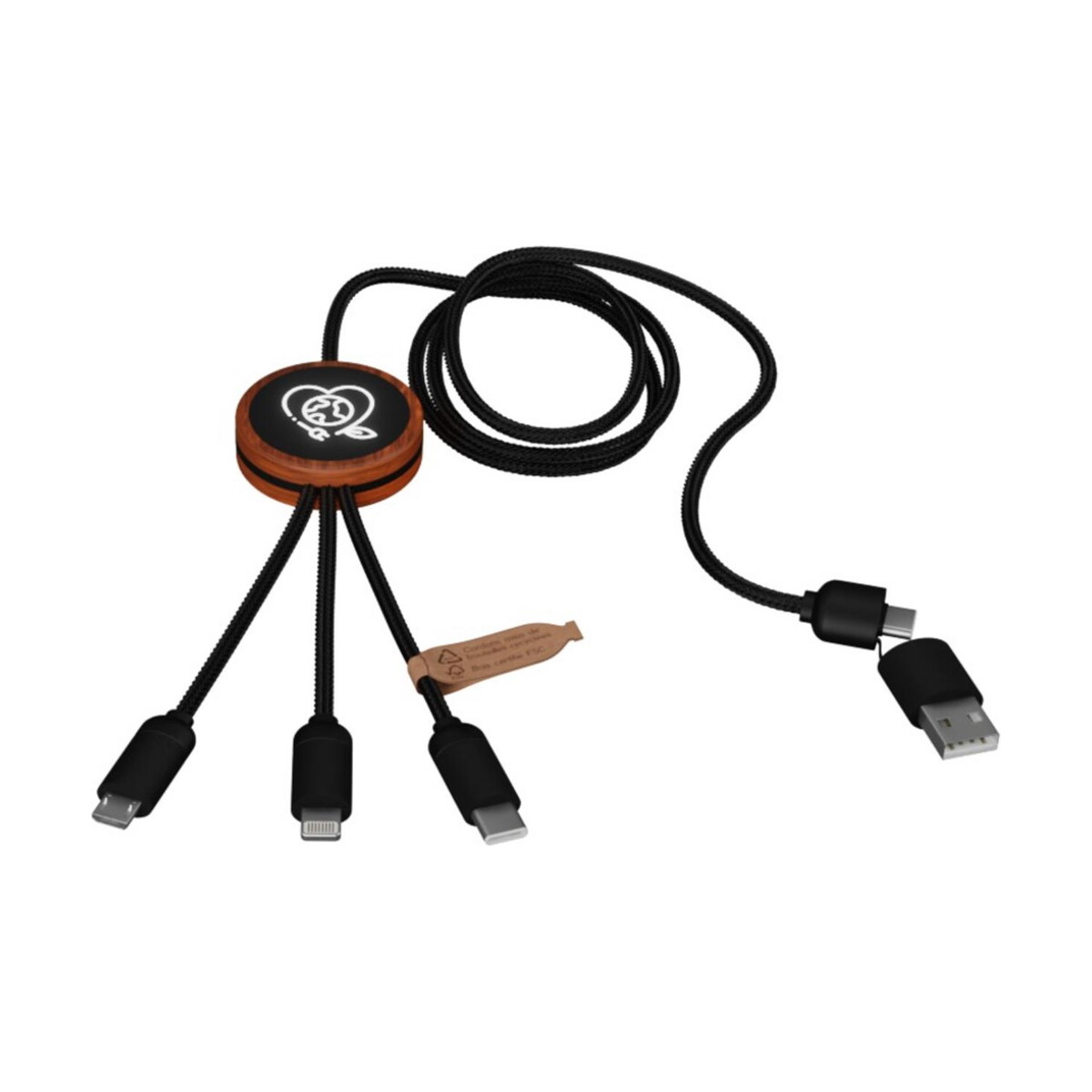 Kable usb z logo – scx.design c37 kabel do ładowania z podświetlanym logo 5-w-1 rpet i z okrągłą drewnianą obudową 40w 2px07171_e3 SCX.design C37 kabel do ładowania z podświetlanym logo 5-w-1 rPET i z okrągłą drewnianą obudową 40W 2px07171_e3