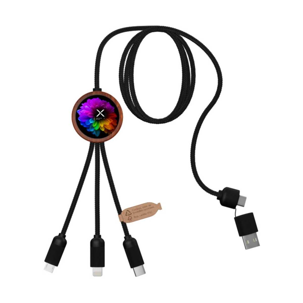 Kable usb z logo – scx.design c37 kabel do ładowania z podświetlanym logo 5-w-1 rpet i z okrągłą drewnianą obudową 40w 2px07171_f1 SCX.design C37 kabel do ładowania z podświetlanym logo 5-w-1 rPET i z okrągłą drewnianą obudową 40W 2px07171_f1