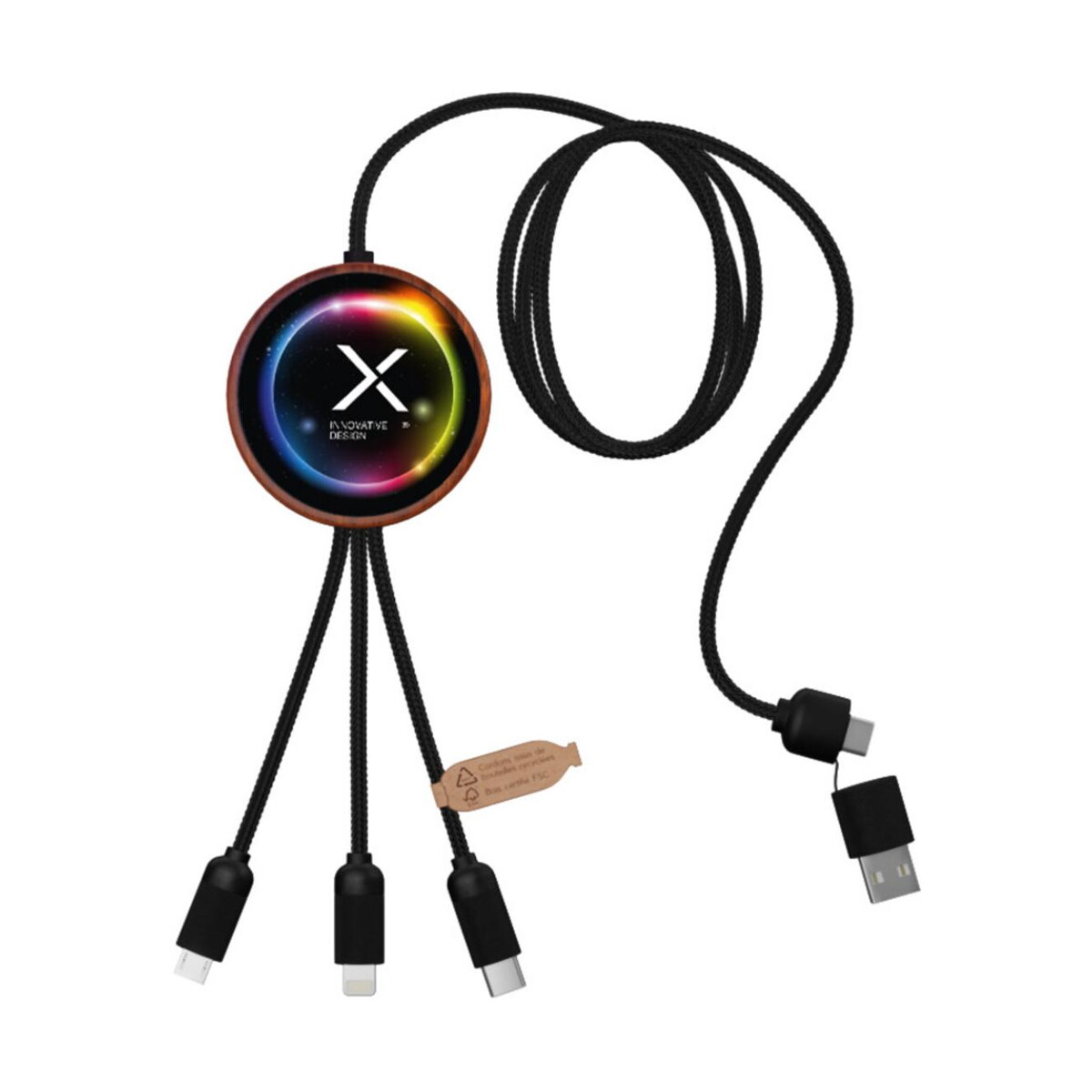 Kable usb z logo – scx.design c40 kabel ładujący z podświetlanym logo 5-w-1 rpet i z podkładką ładującą 10 w 2px07371_e3 SCX.design C40 kabel ładujący z podświetlanym logo 5-w-1 rPET i z podkładką ładującą 10 W 2px07371_e3