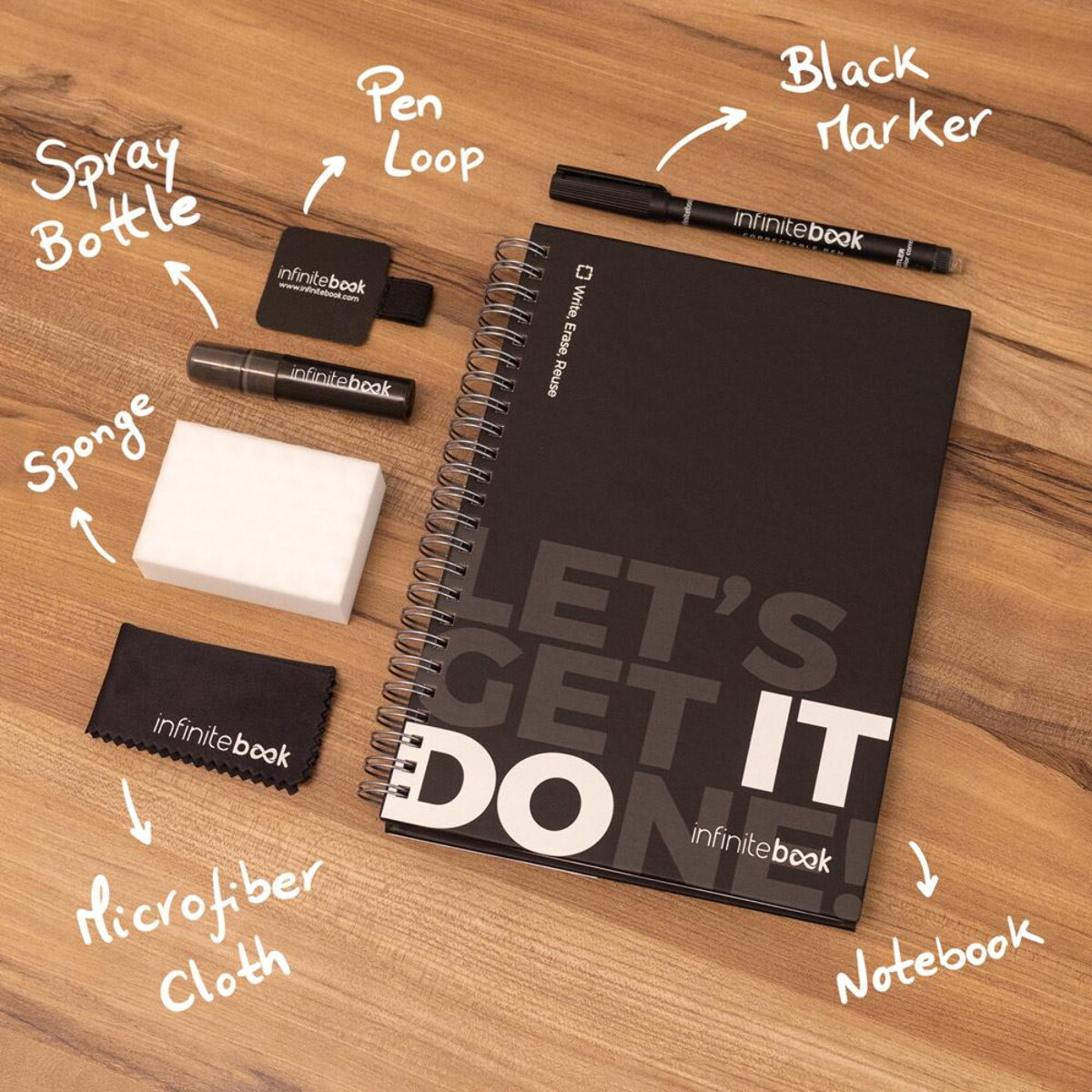 Notatniki z logo – starter kit infinitebook. zestaw „infinitebook” w twardej oprawie, 1 zestaw do czyszczenia, 1 marker i 1 uchwyt na długopis 33211_a STARTER KIT INFINITEBOOK. Zestaw „Infinitebook” w twardej oprawie, 1 zestaw do czyszczenia, 1 marker i 1 uchwyt na długopis 33211_a