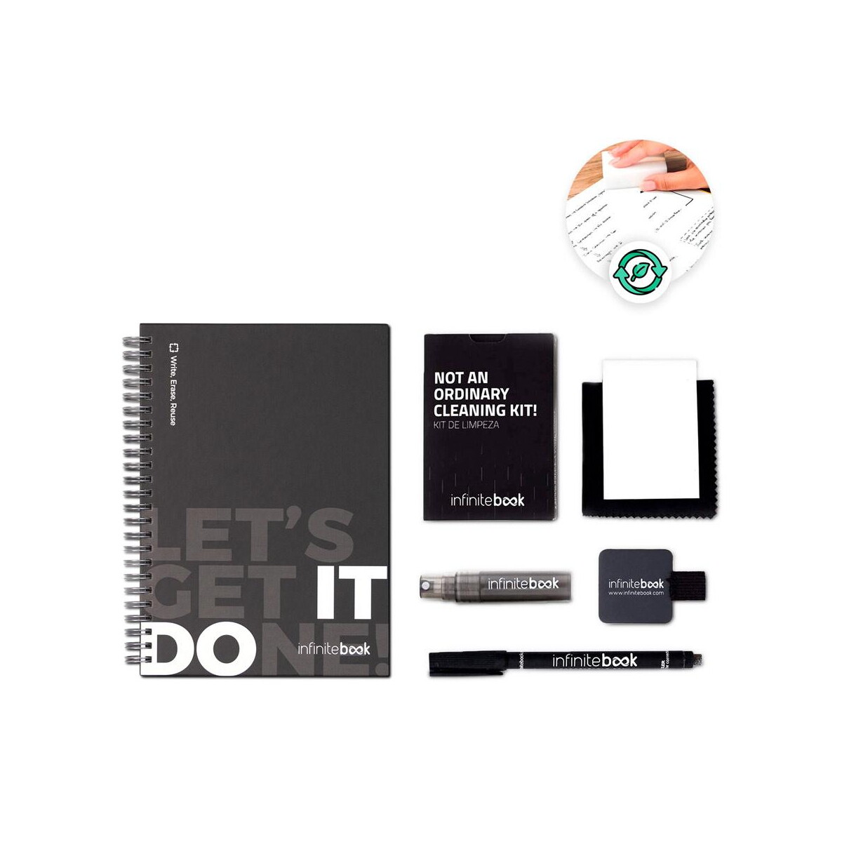 Notatniki z logo – starter kit infinitebook. zestaw „infinitebook” w twardej oprawie, 1 zestaw do czyszczenia, 1 marker i 1 uchwyt na długopis 33211_set STARTER KIT INFINITEBOOK. Zestaw „Infinitebook” w twardej oprawie, 1 zestaw do czyszczenia, 1 marker i 1 uchwyt na długopis 33211_set