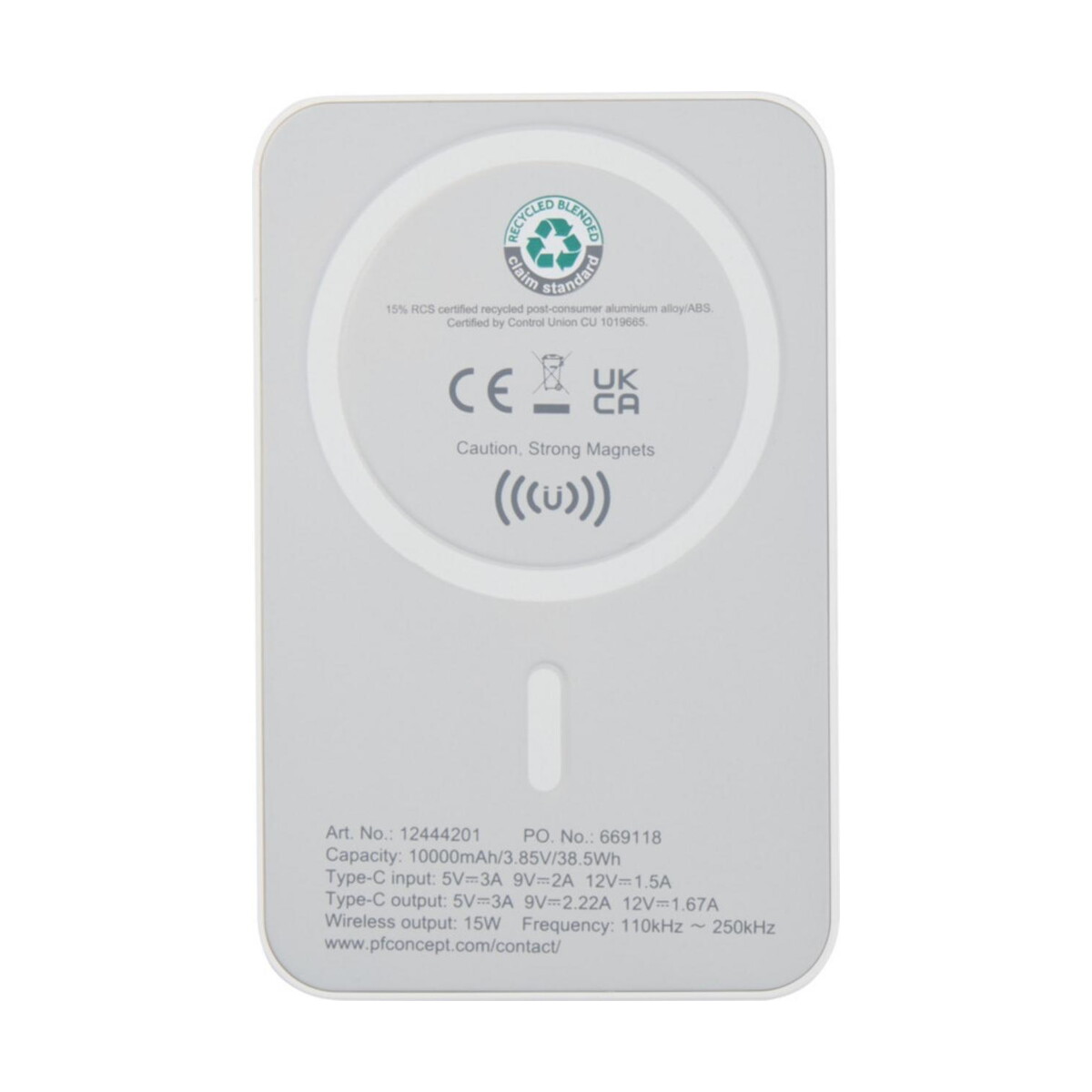 Powerbanki z logo – acrab magnetyczny bezprzewodowy powerbank o pojemności 10 000 mah i mocy 15 w z technologią 20 w pd — wykonany z tworzyw sztucznych pochodzących z recyklingu 12444201_b1 Acrab magnetyczny bezprzewodowy powerbank o pojemności 10 000 mAh i mocy 15 W z technologią 20 W PD — wykonany z tworzyw sztucznych pochodzących z recyklingu 12444201_b1