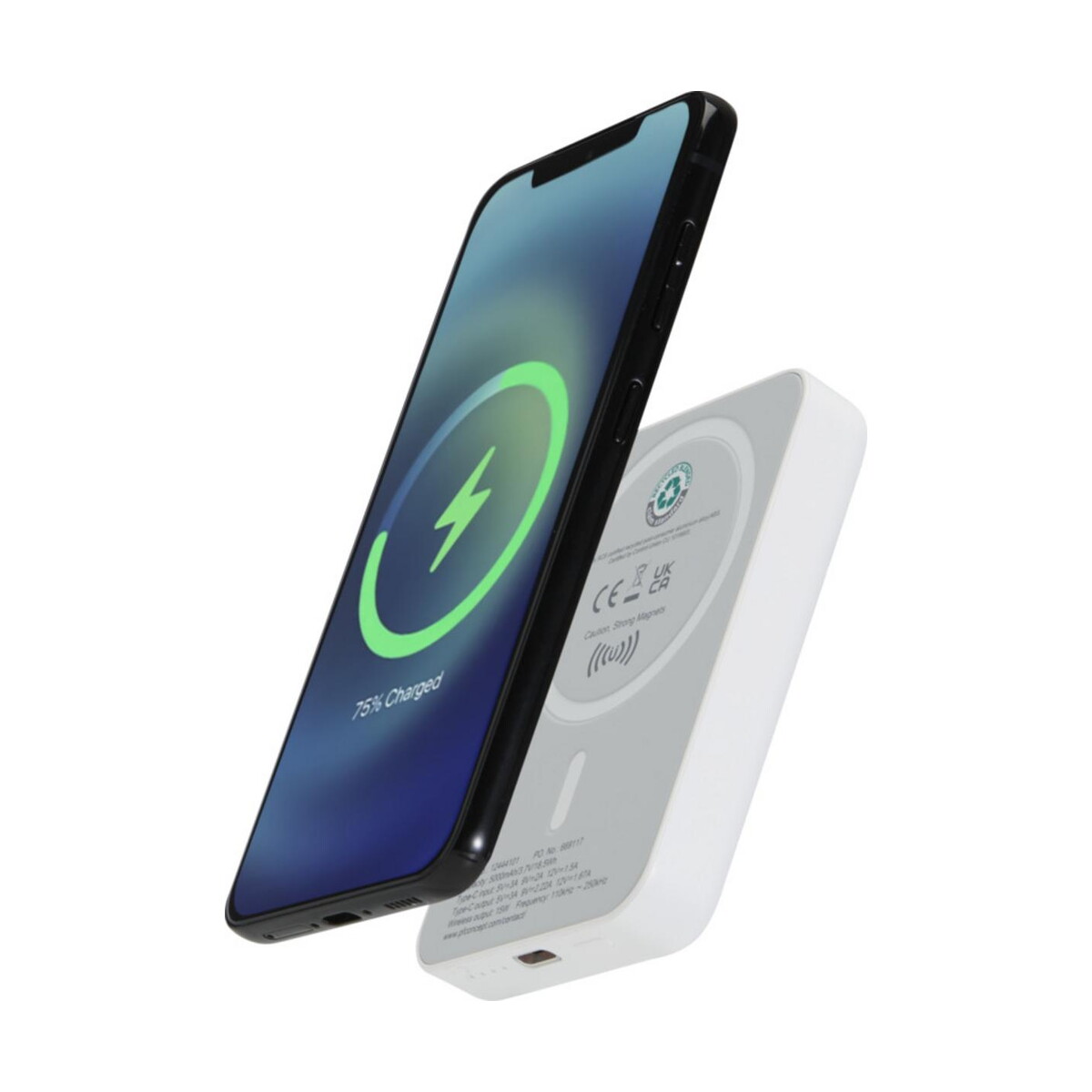 Powerbanki z logo – acrab magnetyczny bezprzewodowy powerbank o pojemności 5000 mah i mocy 15 w z technologią pd 20 w — wykonany z tworzyw sztycznych pochodzących z recyklingu. 12444101 Acrab magnetyczny bezprzewodowy powerbank o pojemności 5000 mAh i mocy 15 W z technologią PD 20 W — wykonany z tworzyw sztycznych pochodzących z recyklingu. 12444101