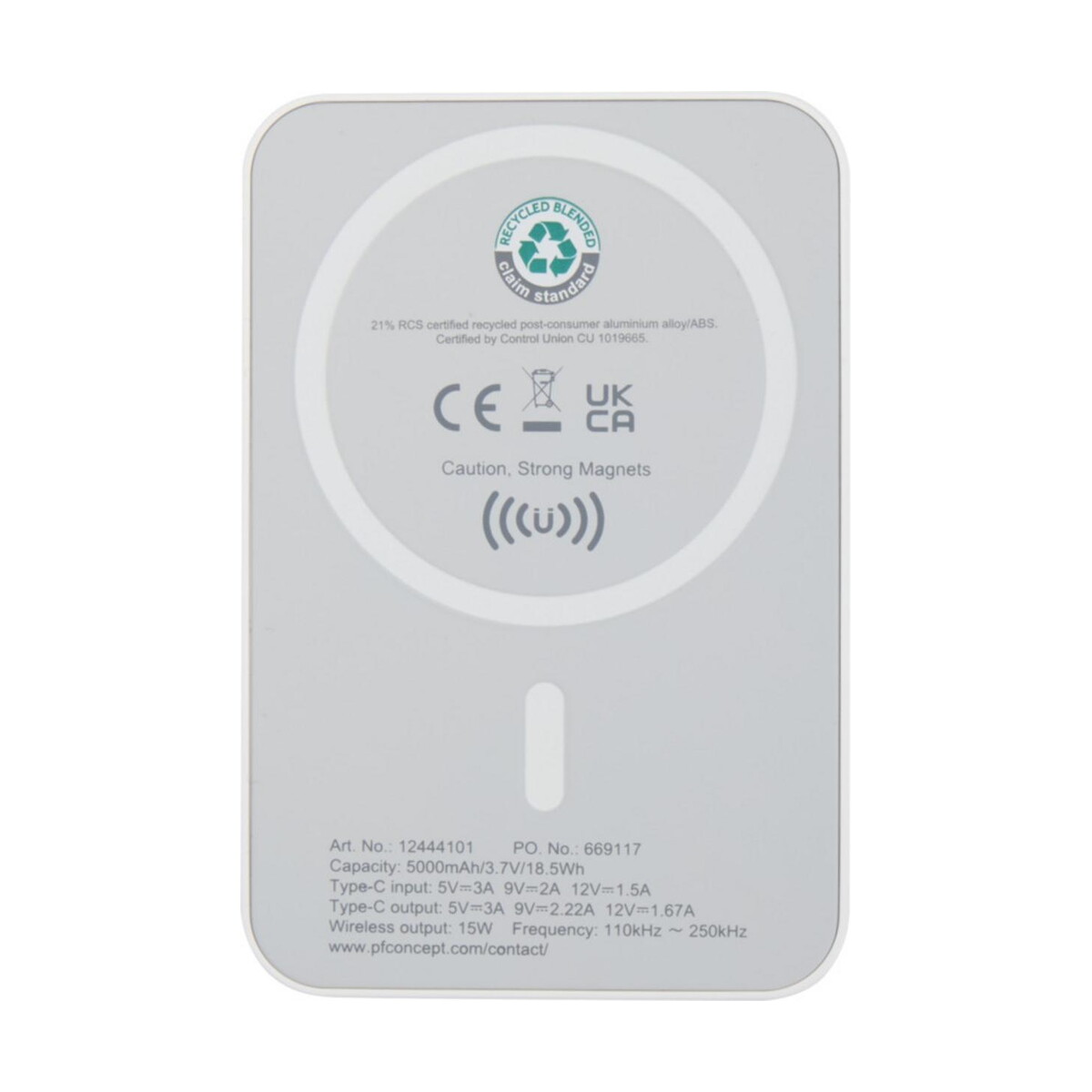 Powerbanki z logo – acrab magnetyczny bezprzewodowy powerbank o pojemności 5000 mah i mocy 15 w z technologią pd 20 w — wykonany z tworzyw sztycznych pochodzących z recyklingu. 12444101_b1 Acrab magnetyczny bezprzewodowy powerbank o pojemności 5000 mAh i mocy 15 W z technologią PD 20 W — wykonany z tworzyw sztycznych pochodzących z recyklingu. 12444101_b1