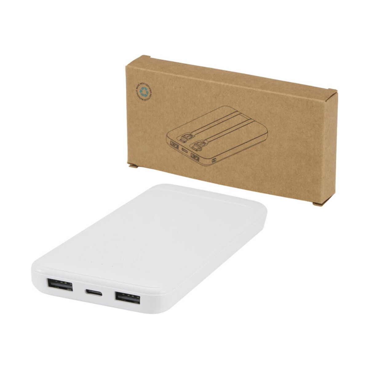 Powerbanki z logo – adhil powerbank o pojemności 10.000 mah i mocy 10 w z tworzyw sztucznych pochodzących z recyklilngu z 2 wbudowanymi kablami 12445901 Adhil powerbank o pojemności 10.000 mAh i mocy 10 W z tworzyw sztucznych pochodzących z recyklilngu z 2 wbudowanymi kablami 12445901
