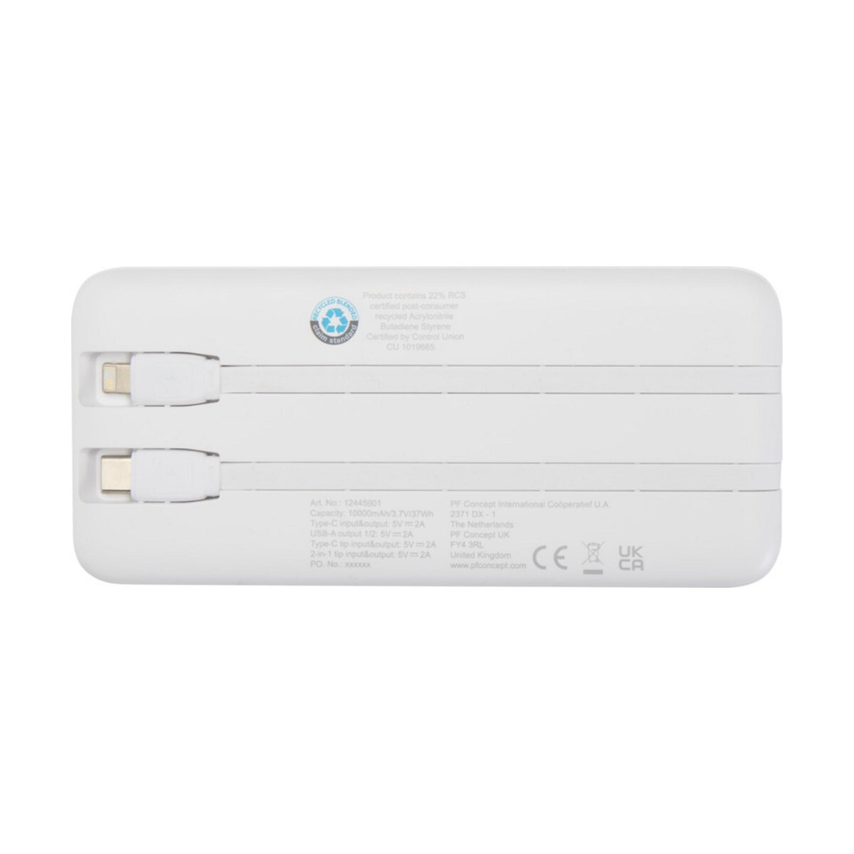 Powerbanki z logo – adhil powerbank o pojemności 10.000 mah i mocy 10 w z tworzyw sztucznych pochodzących z recyklilngu z 2 wbudowanymi kablami 12445901_b1 Adhil powerbank o pojemności 10.000 mAh i mocy 10 W z tworzyw sztucznych pochodzących z recyklilngu z 2 wbudowanymi kablami 12445901_b1