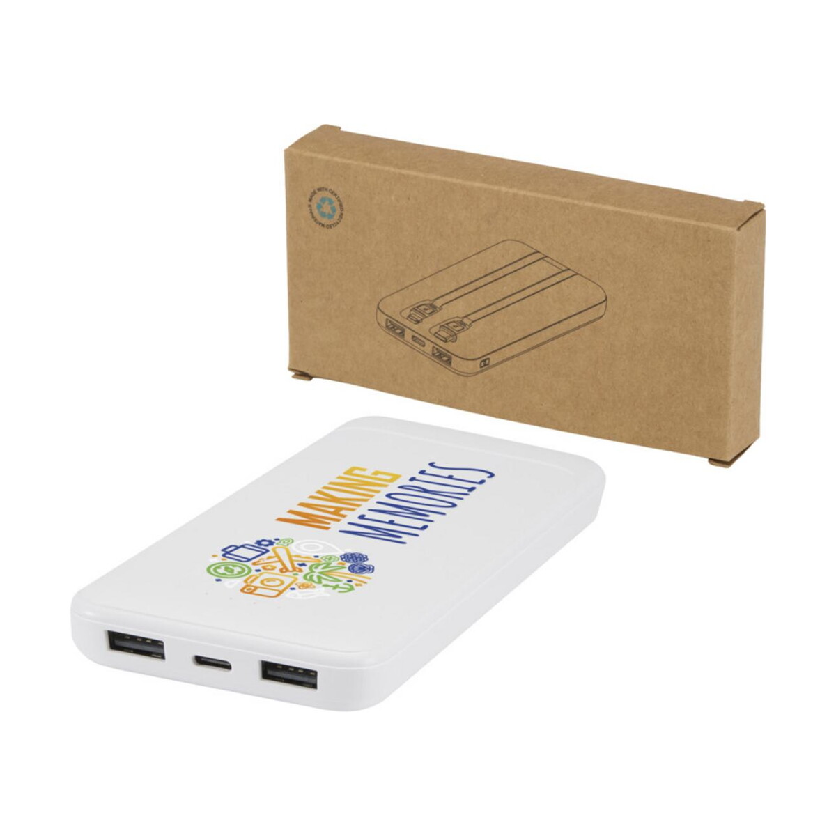 Powerbanki z logo – adhil powerbank o pojemności 10.000 mah i mocy 10 w z tworzyw sztucznych pochodzących z recyklilngu z 2 wbudowanymi kablami 12445901_dp_y1 Adhil powerbank o pojemności 10.000 mAh i mocy 10 W z tworzyw sztucznych pochodzących z recyklilngu z 2 wbudowanymi kablami 12445901_dp_y1