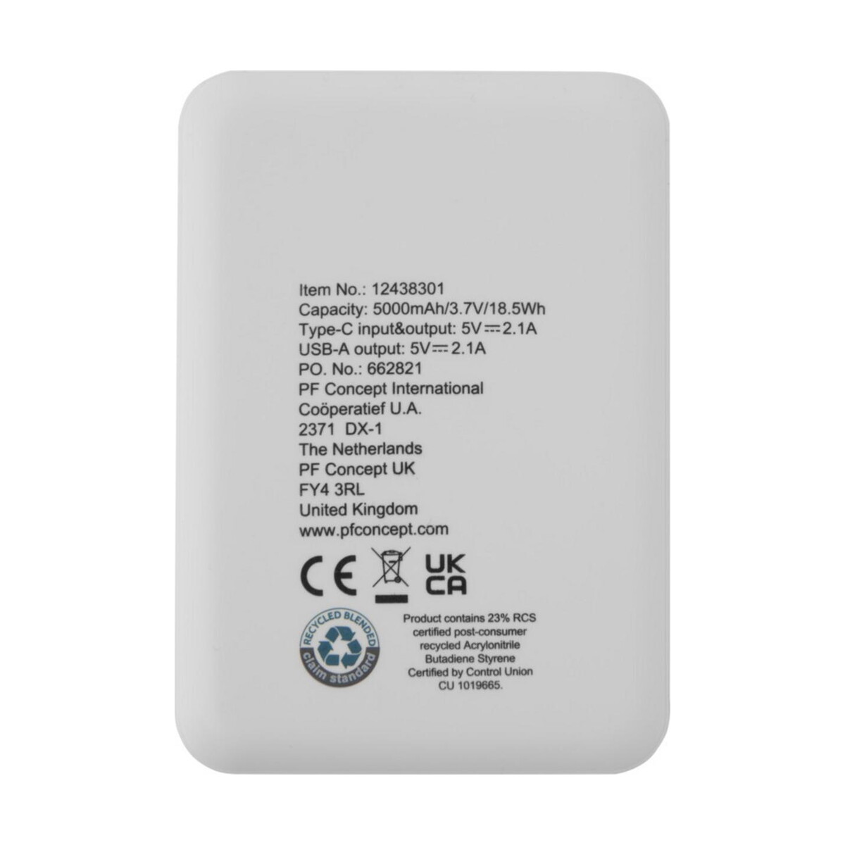 Powerbanki z logo – asama powerbank o pojemności 5000 mah type-c z tworzyw sztucznych pochodzących z recyklingu 12438301_b1 Asama powerbank o pojemności 5000 mAh Type-C z tworzyw sztucznych pochodzących z recyklingu 12438301_b1