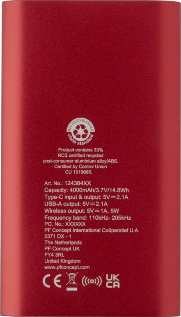 Powerbanki z logo – juice bezprzewodowy powerbank o pojemności 4000 mah type-c z aluminium pochodzącego z recyklingu 12438421_b1 Juice bezprzewodowy powerbank o pojemności 4000 mAh Type-C z aluminium pochodzącego z recyklingu 12438421_b1
