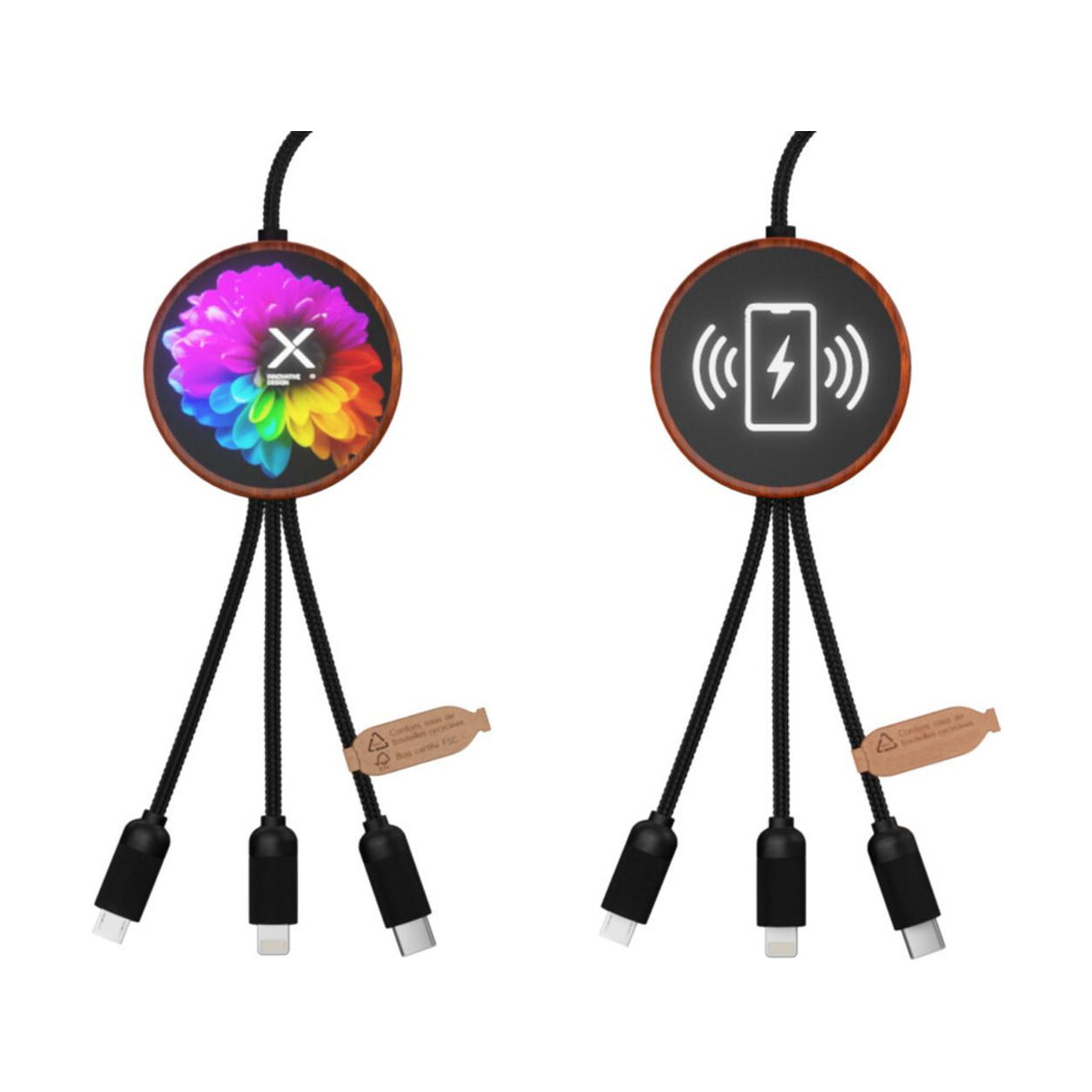 SCX.design C40 kabel ładujący z podświetlanym logo 5-w-1 rPET i z podkładką ładującą 10 W – brązowy 2px07371 SCX.design C40 kabel ładujący z podświetlanym logo 5-w-1 rPET i z podkładką ładującą 10 W - brązowy