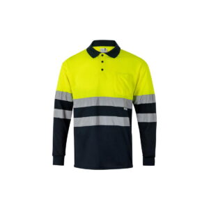 VL VULCAN LARGE. Dwukolorowa koszulka polo w ptasie oczy (160 g/m²) z długim rękawem, poliester (100%) - Granatowa/Żółta