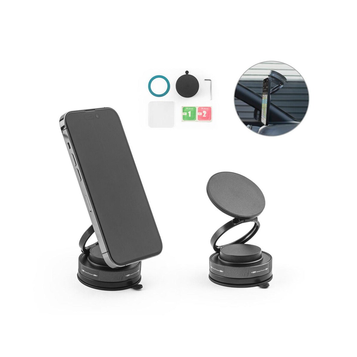 Akcesoria do smartfonów z logo – kepler. magnetyczny uchwyt na telefon komórkowy z systemem mocowania próżniowego do gładkich i nierównych powierzchni (obrót o 360º) 97218_set KEPLER. Magnetyczny uchwyt na telefon komórkowy z systemem mocowania próżniowego do gładkich i nierównych powierzchni (obrót o 360º) 97218_set