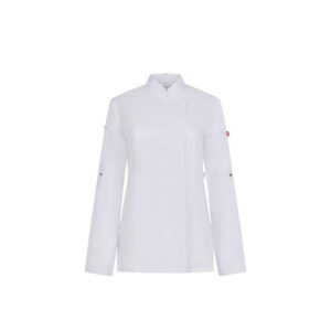 VL THOTH. Kobieca bluza kuchenna (190 g/m²) wykonana z bawełny (35%) i poliestru z recyklingu (65%) - Biała