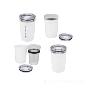 Szklany kubek Bello o pojemności 420 ml z zewnętrzną ścianką z plastiku z recyklingu - biały – zdjęcia produktu